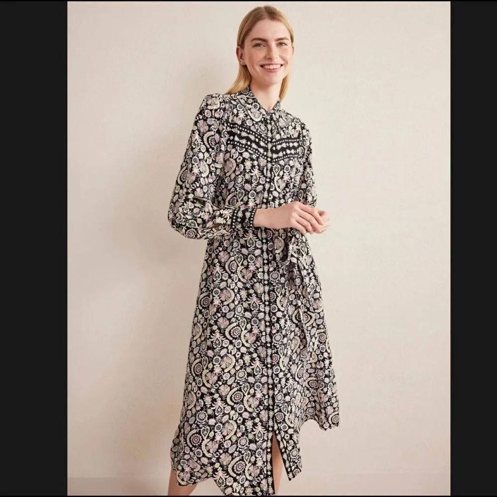 NWTโBoden Tie Waist Long Sleeve MidiโDress
